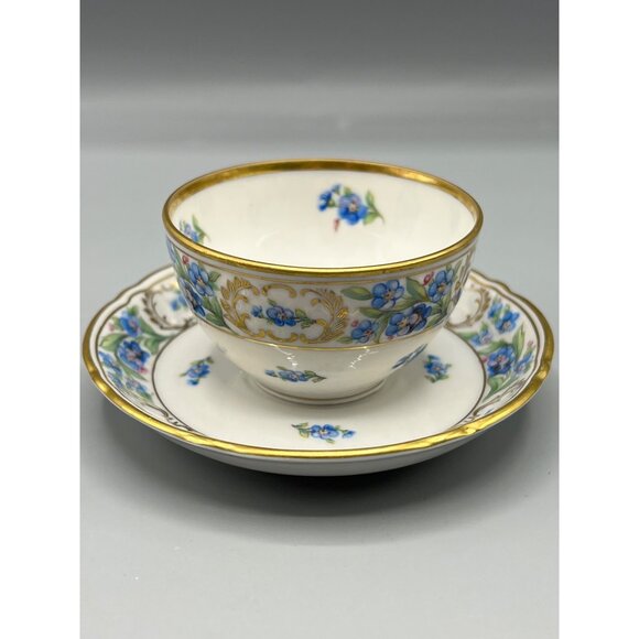 Vtg Schumann Bavarian Teacup & Saucer Set Demi Tasse Forget Me Not Blue Gold Rim - Picture 8 of 11
